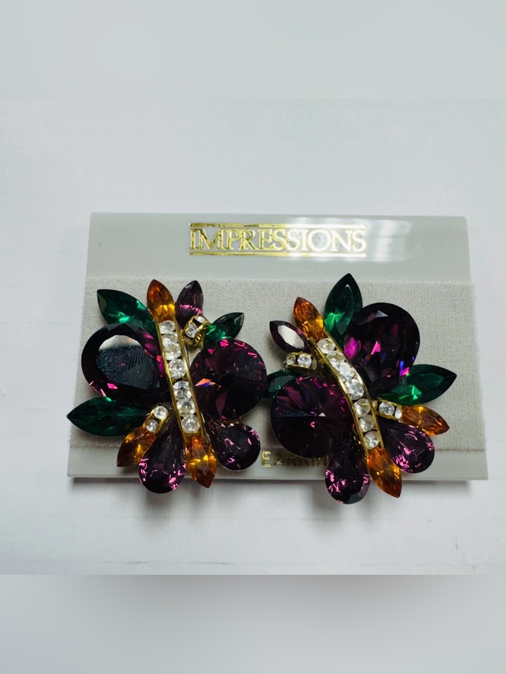 Vintage 90s Impressions Jewel Tone Rhinestone Clip On Earrings Multicolored RARE